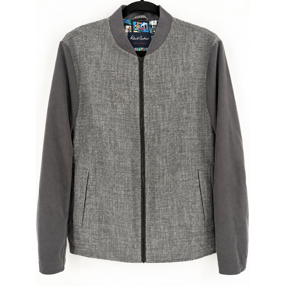 Robert Graham Marino Bomber Jacket Men Size M Charcoal Grey Perforated Luxury